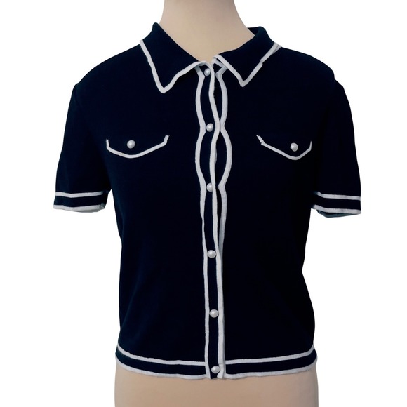 Jason Wu Sweaters - Jason Wu Black Knit Preppy Nautical Top Size M Pearl Trim Classic Minimalist